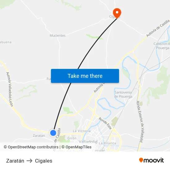 Zaratán to Cigales map
