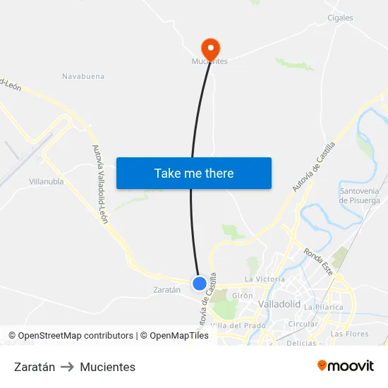 Zaratán to Mucientes map