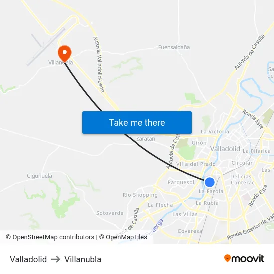 Valladolid to Villanubla map
