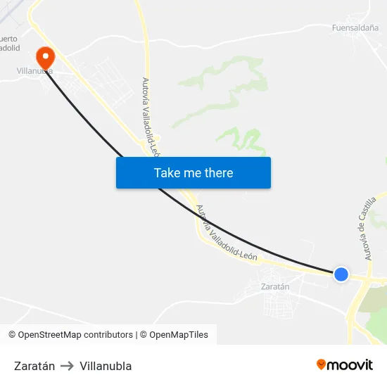 Zaratán to Villanubla map