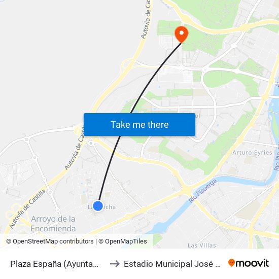 Plaza España (Ayuntamiento) to Estadio Municipal José Zorrilla map