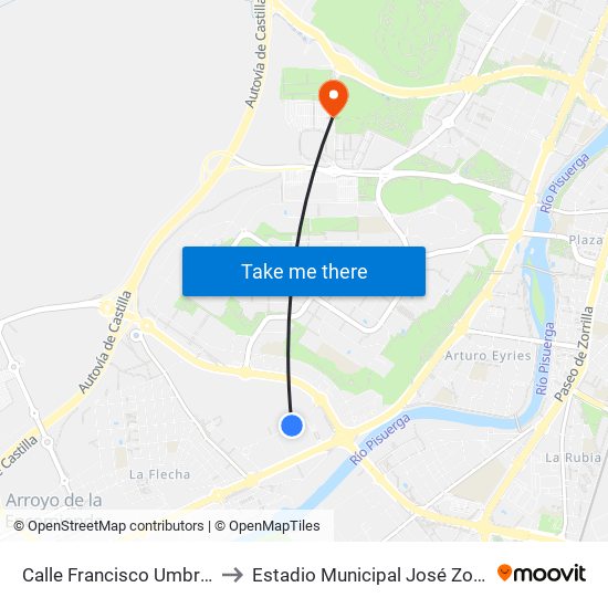 Calle Francisco Umbral 8 to Estadio Municipal José Zorrilla map