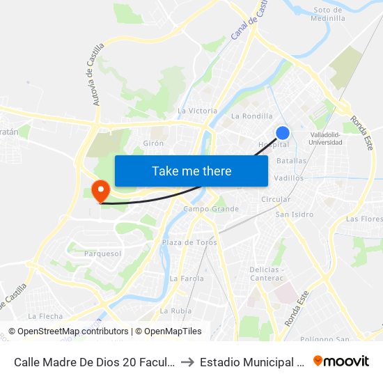 Calle Madre De Dios 20 Facultad De Comercio to Estadio Municipal José Zorrilla map