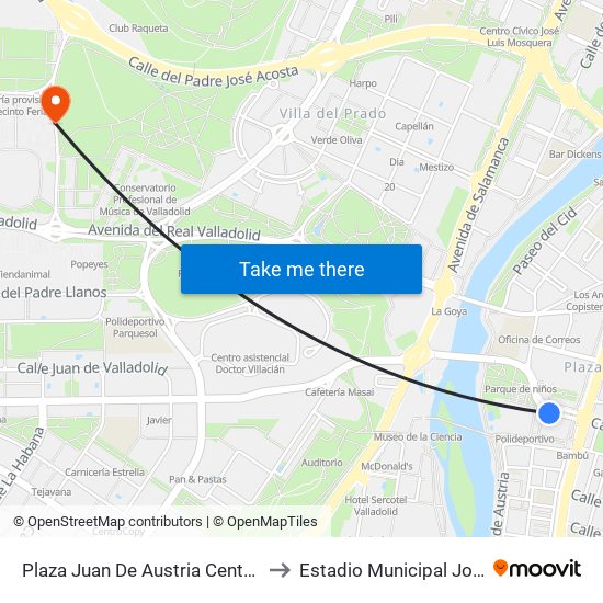 Plaza Juan De Austria Centro Comercial to Estadio Municipal José Zorrilla map