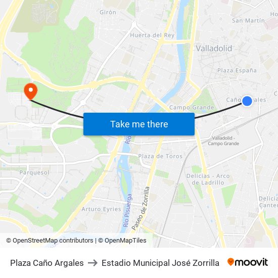Plaza Caño Argales to Estadio Municipal José Zorrilla map