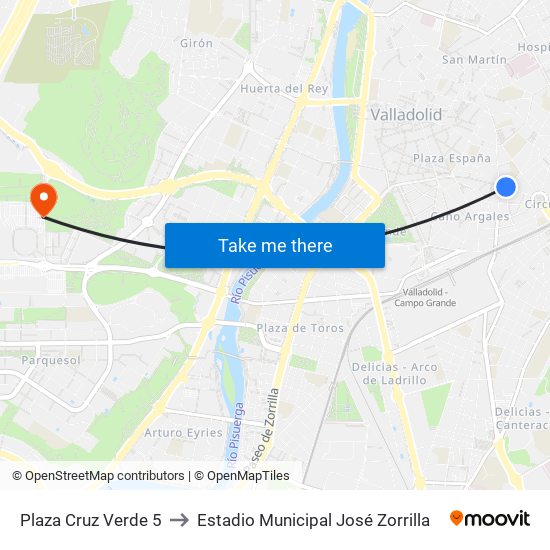 Plaza Cruz Verde 5 to Estadio Municipal José Zorrilla map