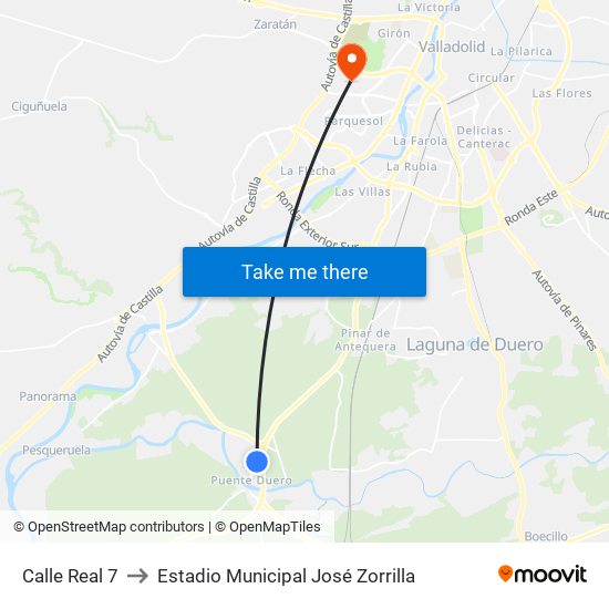 Calle Real 7 to Estadio Municipal José Zorrilla map