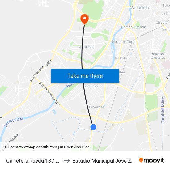 Carretera Rueda 187 Hotel to Estadio Municipal José Zorrilla map