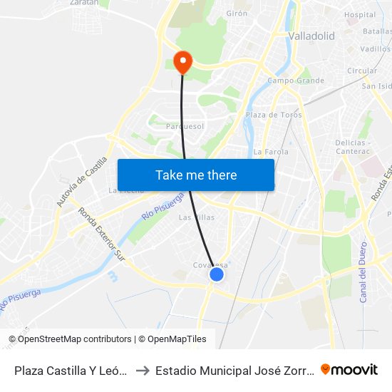 Plaza Castilla Y León 1 to Estadio Municipal José Zorrilla map