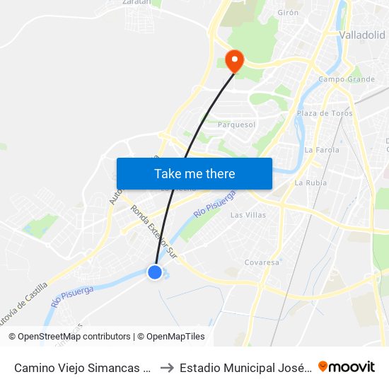 Camino Viejo Simancas El Barrio to Estadio Municipal José Zorrilla map