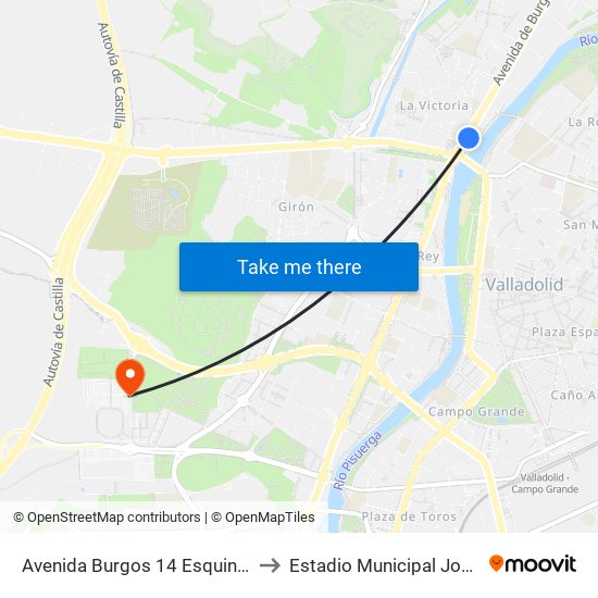 Avenida Burgos 14 Esquina Pisuerga to Estadio Municipal José Zorrilla map