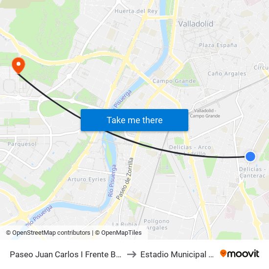 Paseo Juan Carlos I Frente Bomberos Delicias to Estadio Municipal José Zorrilla map