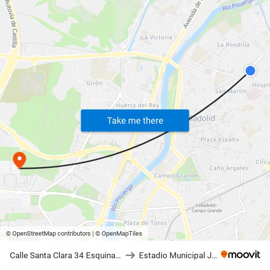 Calle Santa Clara 34 Esquina Real De Burgos to Estadio Municipal José Zorrilla map