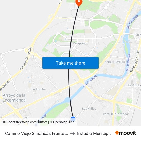 Camino Viejo Simancas Frente 167 Esquina Barcelona to Estadio Municipal José Zorrilla map