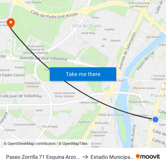 Paseo Zorrilla 71 Esquina Arzobispo García Goldáraz to Estadio Municipal José Zorrilla map