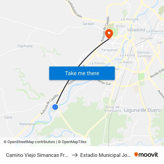 Camino Viejo Simancas Frente Puente to Estadio Municipal José Zorrilla map
