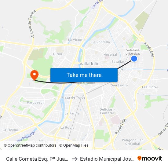 Calle Cometa Esq. Pº Juan Carlos 1 to Estadio Municipal José Zorrilla map