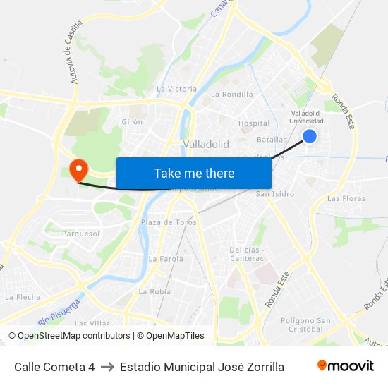Calle Cometa 4 to Estadio Municipal José Zorrilla map