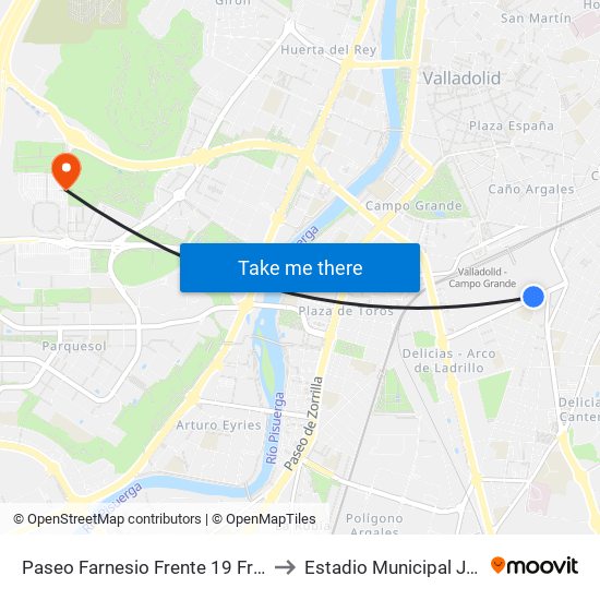 Paseo Farnesio Frente 19 Frente Arca Real to Estadio Municipal José Zorrilla map