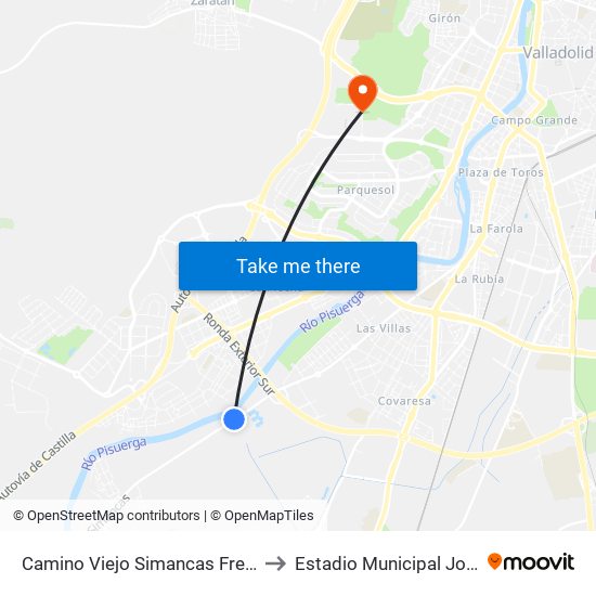 Camino Viejo Simancas Frente El Barrio to Estadio Municipal José Zorrilla map