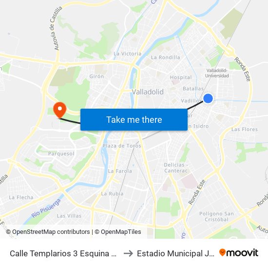 Calle Templarios 3 Esquina Puente La Reina to Estadio Municipal José Zorrilla map