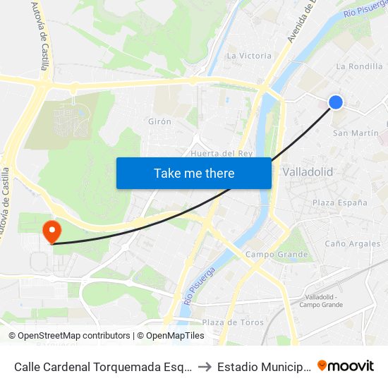 Calle Cardenal Torquemada Esquina Rondilla Santa Teresa to Estadio Municipal José Zorrilla map