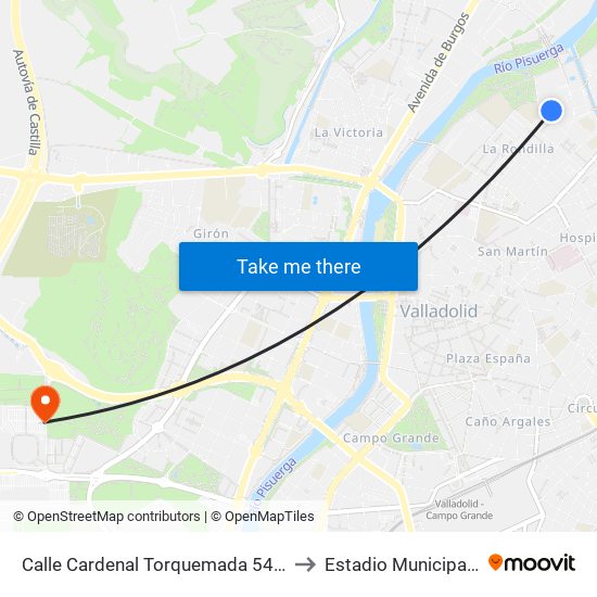 Calle Cardenal Torquemada 54 Centro Salud Rondilla to Estadio Municipal José Zorrilla map