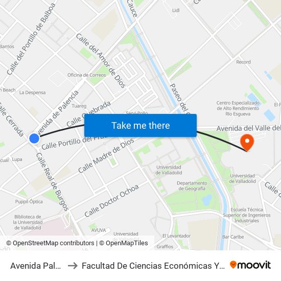 Avenida Palencia 2 to Facultad De Ciencias Económicas Y Empresariales map