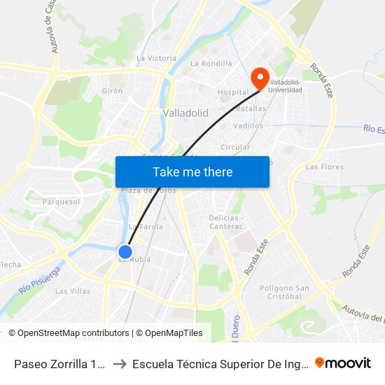 Paseo Zorrilla 133 La Rubia to Escuela Técnica Superior De Ingenieros Industriales map