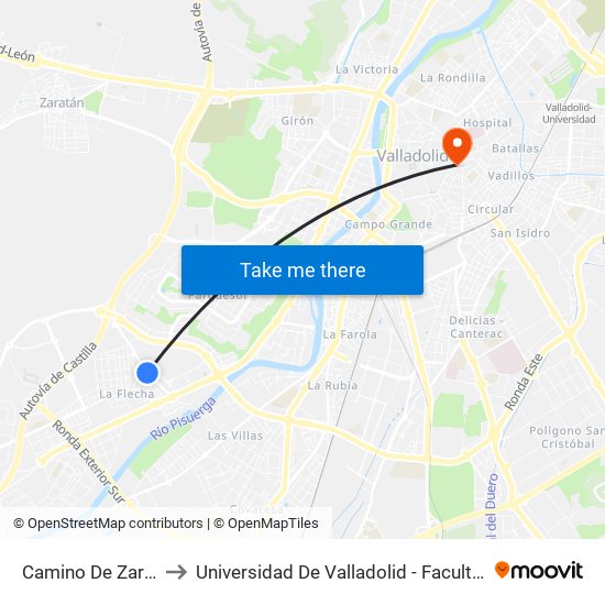 Camino De Zaratán 22 to Universidad De Valladolid - Facultad De Derecho map