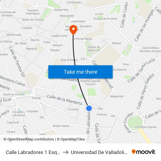 Calle Labradores 1 Esquina Plaza Cruz Verde to Universidad De Valladolid - Facultad De Derecho map