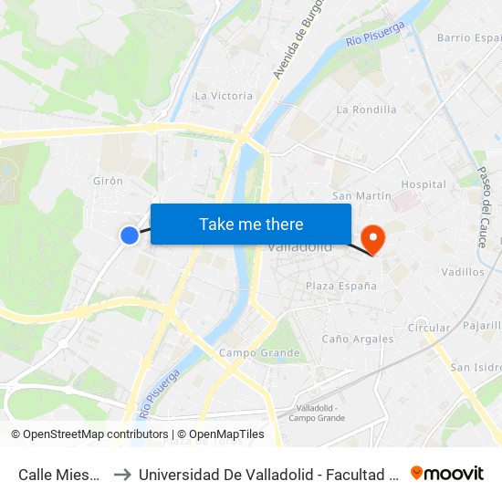Calle Mieses 40 to Universidad De Valladolid - Facultad De Derecho map