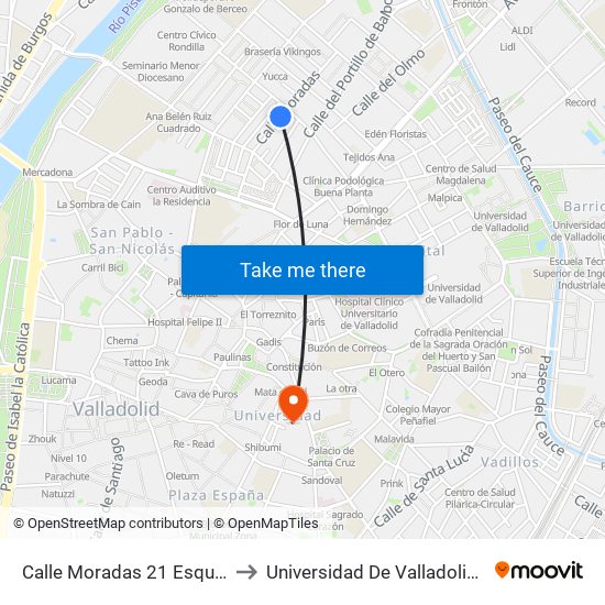 Calle Moradas 21 Esquina Cardenal Cisneros to Universidad De Valladolid - Facultad De Derecho map