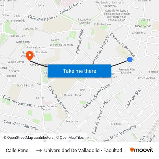 Calle Renedo 29 to Universidad De Valladolid - Facultad De Derecho map