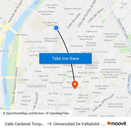 Calle Cardenal Torquemada Frente 16 to Universidad De Valladolid - Facultad De Derecho map