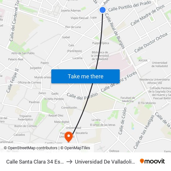 Calle Santa Clara 34 Esquina Real De Burgos to Universidad De Valladolid - Facultad De Derecho map