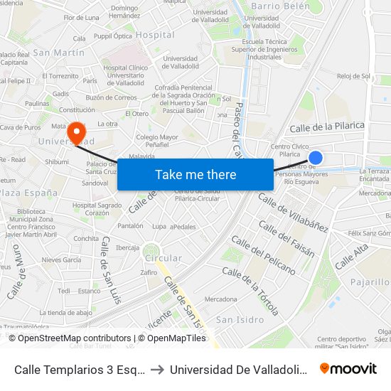 Calle Templarios 3 Esquina Puente La Reina to Universidad De Valladolid - Facultad De Derecho map