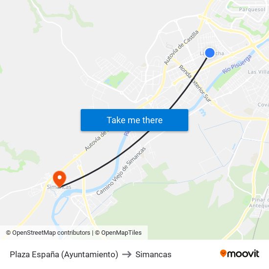 Plaza España (Ayuntamiento) to Simancas map