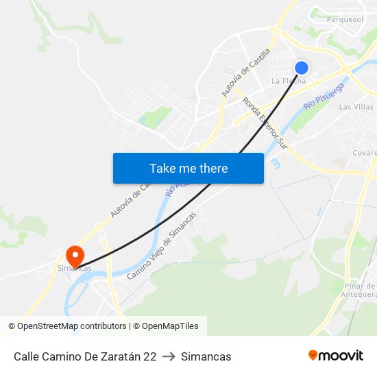 Calle Camino De Zaratán 22 to Simancas map