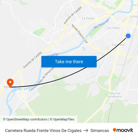 Carretera Rueda Frente Vinos De Cigales to Simancas map