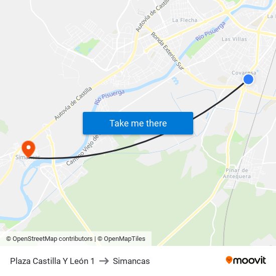Plaza Castilla Y León 1 to Simancas map