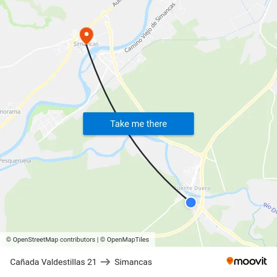 Cañada Valdestillas 21 to Simancas map