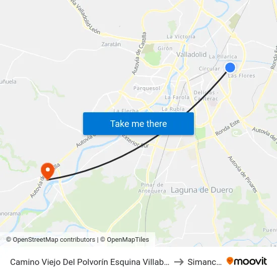 Camino Viejo Del Polvorín Esquina Villabañez to Simancas map