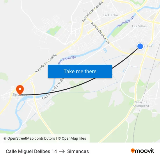 Calle Miguel Delibes 14 to Simancas map