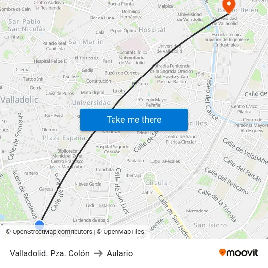 Valladolid. Pza. Colón to Aulario map