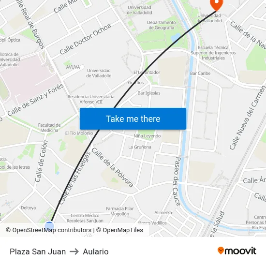 Plaza San Juan to Aulario map