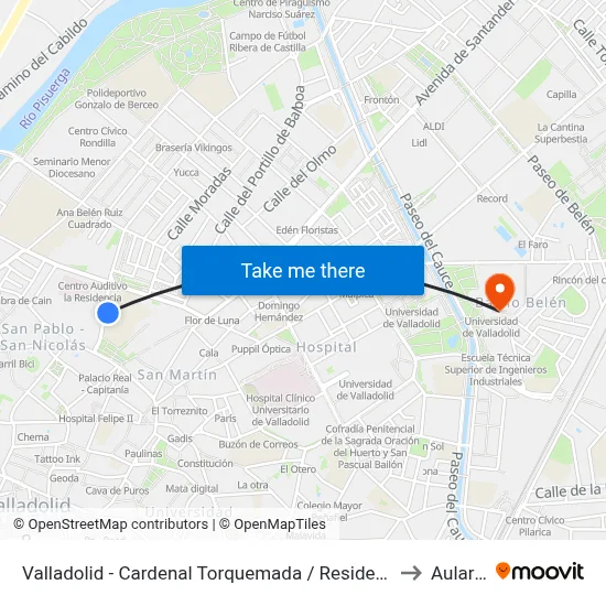 Valladolid - Cardenal Torquemada / Residencia to Aulario map