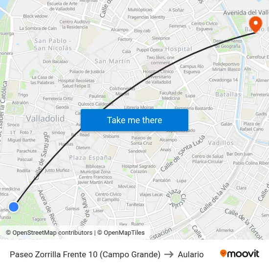 Paseo Zorrilla Frente 10 (Campo Grande) to Aulario map