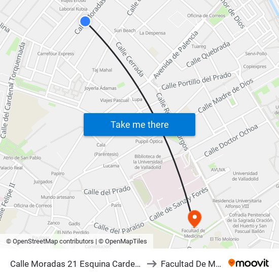 Calle Moradas 21 Esquina Cardenal Cisneros to Facultad De Medicina map