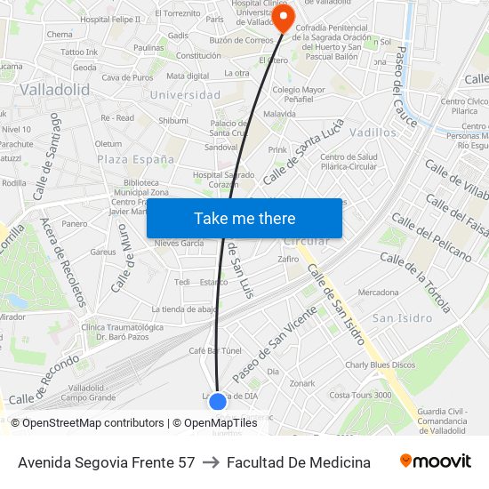 Avenida Segovia Frente 57 to Facultad De Medicina map